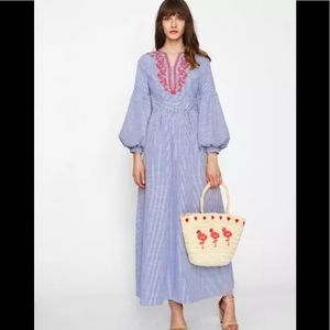 Lantern Sleeve Embroidered Striped Dress